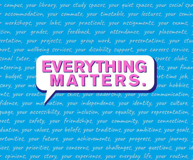 Text in white font over a blue background listing lots of things that matter to students. Speech bubble over the top with pink text "EVERYTHING MATTERS."
